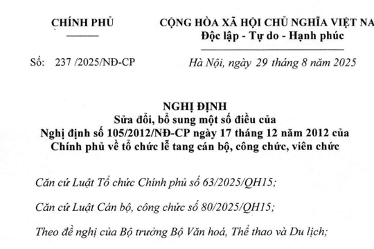 Đã có Nghị định 237/2025/NĐ-CP sửa đổi bổ sung Nghị định 105/2012 về lễ tang cán bộ công chức viên chức