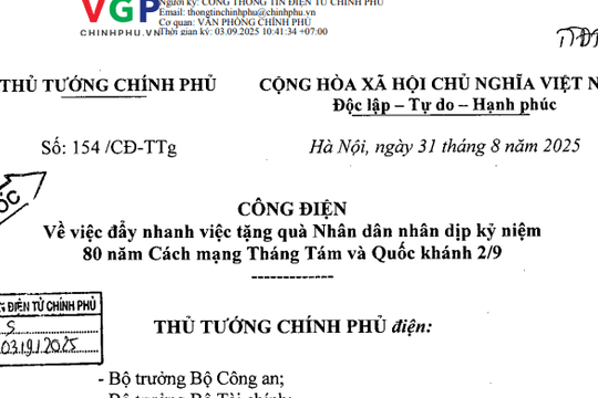 Toàn văn Công điện 154/CĐ-TTg về đẩy nhanh việc tặng 100.000 đồng/người cho toàn dân mừng Quốc khánh 2/9