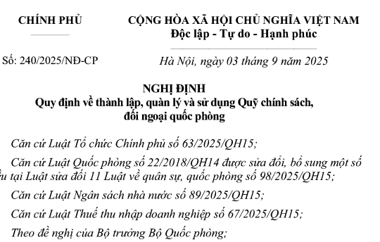 Đã có Nghị định 240/2025/NĐ-CP về thành lập quản lý và sử dụng Quỹ Chính Sách Đối Ngoại Quốc Phòng