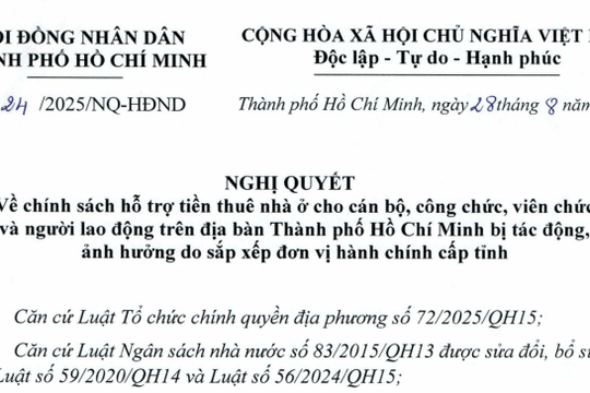Đã có Nghị quyết 24/2025/NQ-HĐND về chính sách hỗ trợ tiền thuê nhà ở cho cán bộ công chức viên chức tại TPHCM