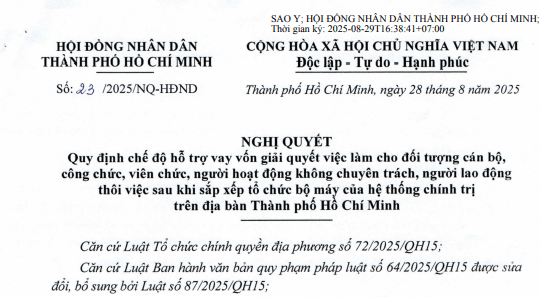 Toàn văn Nghị quyết 23/2025/NQ-HĐND về chế độ hỗ trợ cho cán bộ công chức giải quyết việc làm tại TPHCM