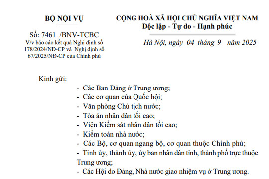 Đã có Công văn 7461/BNV-TCBC báo cáo kết quả Nghị định 178 và Nghị định 67