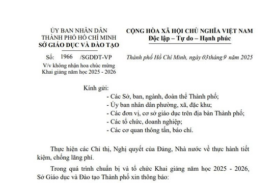 Công văn 1966/SGDĐT-VP: Không nhận hoa chúc mừng Khai giảng năm học 2025 - 2026 của ngành GD&ĐT TPHCM
