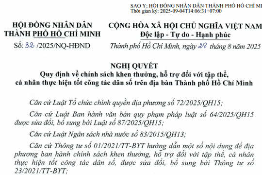 Đã có Nghị quyết 32/2025/NQ-HĐND về chính sách khen thưởng hỗ trợ công tác dân số tại TPHCM