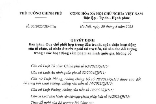 Quyết định 30/2025/QĐ-TTg quy chế phối hợp ngăn chặn tài trợ xâm phạm an ninh quốc gia