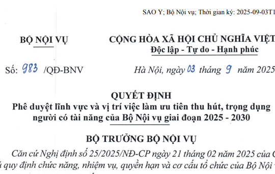 Quyết định 983: Bộ Nội vụ công bố lĩnh vực và vị trí việc làm ưu tiên người có tài năng giai đoạn 2025-2030