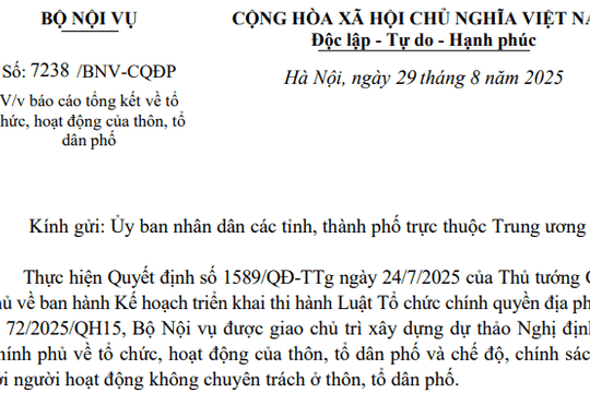 Đã có Công văn 7238/BNV-CQĐP báo cáo về hoạt động thôn tổ dân phố và chế độ chính sách cán bộ không chuyên trách