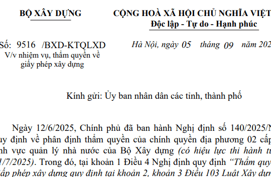 Công văn 9516/BXD-KTQLXD: Bộ Xây dựng có hướng dẫn mới về giấy phép xây dựng