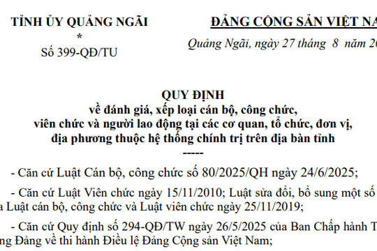 Quy định 399-QĐ/TU về đánh giá xếp loại cán bộ công chức viên chức bằng KPI tại Quảng Ngãi có nội dung như thế nào?
