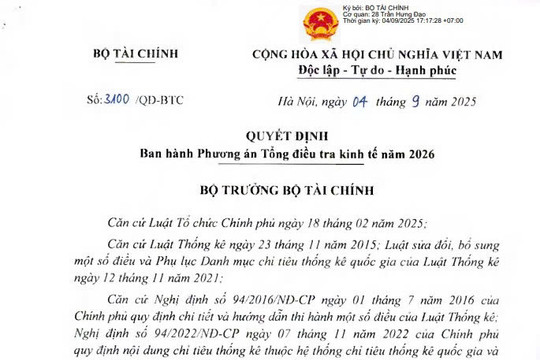 Quyết định 3100/QĐ-BTC: Phương án Tổng điều tra kinh tế năm 2026
