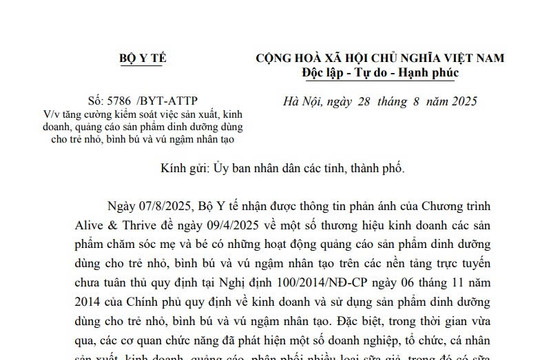Công văn 5786: Tăng cường kiểm soát sản xuất kinh doanh, quảng cáo sản phẩm dinh dưỡng dùng cho trẻ nhỏ
