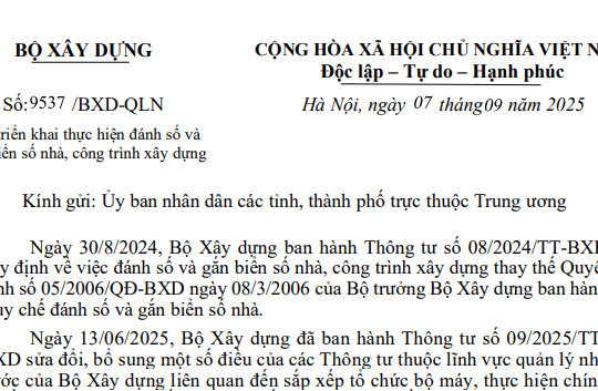Công văn 9537: Chỉ đạo mới về đánh số và gắn biển số nhà, công trình xây dựng sau khi sáp nhập tỉnh