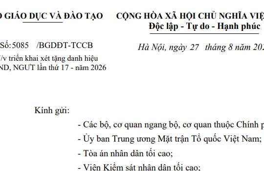 Công văn 5085: Hướng dẫn mới về xét tặng danh hiệu Nhà giáo nhân dân, Nhà giáo ưu tú  lần thứ 17-năm 2026