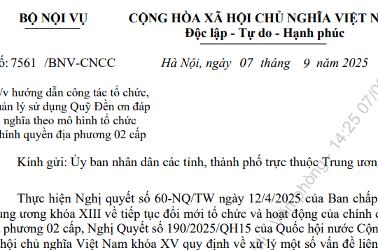 Công văn 7561: Hướng dẫn mới về Quỹ Đền ơn đáp nghĩa khi tổ chức chính quyền địa phương 02 cấp