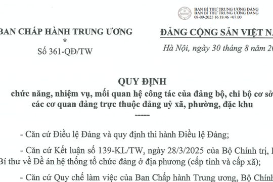 Đã có Quy định 361-QĐ/TW về chức năng nhiệm vụ của các cơ quan đảng cấp xã