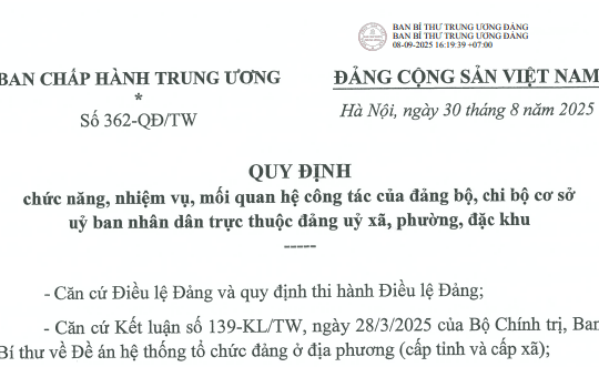 Đã có Quy định 362-QĐ/TW về chức năng nhiệm vụ đảng bộ, chi bộ Ủy ban nhân dân cấp xã