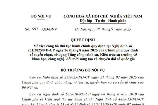 Quyết định 997/QĐ-BNV: Thủ tục tuyển chọn Tổng công trình sư, Kiến trúc sư trưởng theo Nghị định 231/2025