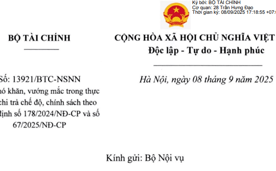 Đã có Công văn 13921/BTC-NSNN khó khăn trong chi trả chế độ chính sách theo Nghị định 178, Nghị định 67