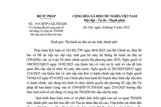 Công văn 5556: Hướng dẫn một số nội dung về công tác thi hành án dân sự khi sắp xếp bộ máy Hệ thống Thi hành án dân sự