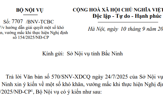 Đã có toàn văn Công văn 7707/BNV-TCBC giải quyết khó khăn vướng mắc tại Nghị định 154/2025