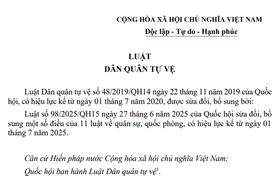 Văn bản hợp nhất Luật Dân quân tự vệ mới nhất 2025