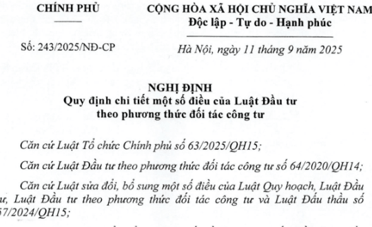 Đã có Nghị định 243/2025/NĐ-CP hướng dẫn Luật Đầu tư theo phương thức đối tác công tư 2020 (PPP)