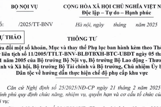 Toàn văn Dự thảo Thông tư sửa đổi quy định về hướng dẫn thực hiện chế độ phụ cấp khu vực
