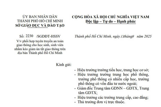Công văn 2230: Hướng dẫn tuyên truyền an toàn giao thông cho học sinh sinh viên TPHCM nhằm giảm ùn tắc giao thông