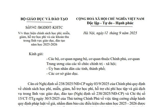 Công văn 5542/BGDĐT-KHTC: Hướng dẫn miễn giảm, hỗ trợ học phí và các khoản thu năm học 2025-2026