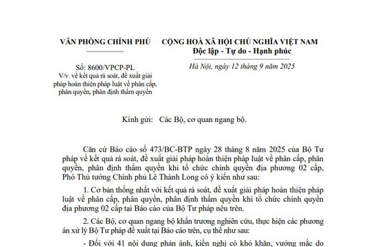 Công văn 8600: Kết quả rà soát, đề xuất hoàn thiện pháp luật về phân cấp phân quyền và phân định thẩm quyền