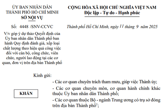 Công văn 4448/SNV-CCVC (khẩn) về dự thảo đánh giá cán bộ công chức viên chức theo hiệu quả công việc tại TPHCM