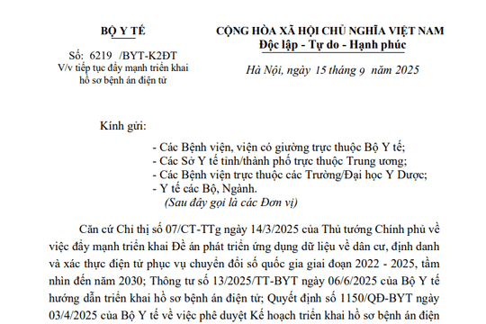 Công văn 6219/BYT-K2ĐT tiếp tục đẩy mạnh triển khai hồ sơ bệnh án điện tử