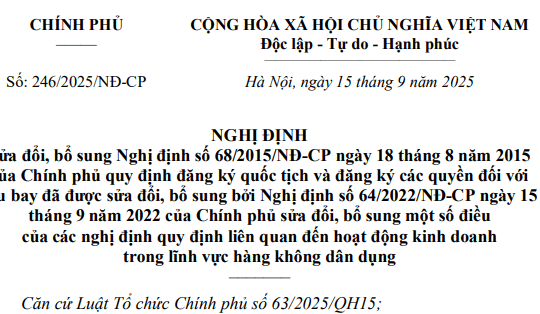 Đã có Nghị định 246/2025/NĐ-CP sửa đổi Nghị định về đăng ký quốc tịch và quyền tàu bay