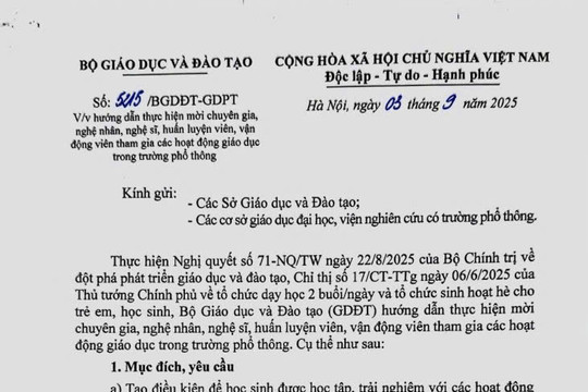 Công văn 5215/BGDĐT-GDPT: Hướng dẫn mời chuyên gia, nghệ sĩ và vận động viên tham gia giáo dục trong trường phổ thông