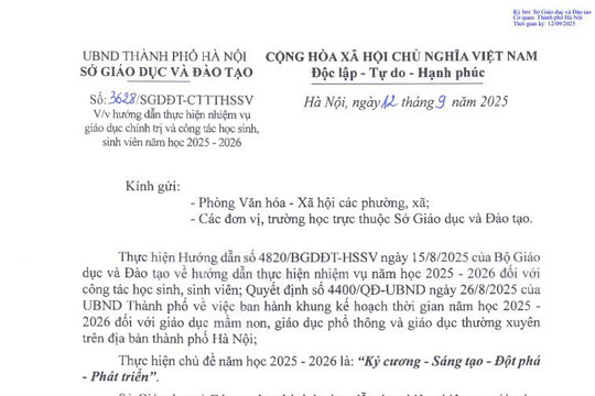 Công văn 3628: Hướng dẫn nhiệm vụ giáo dục chính trị và công tác học sinh sinh viên năm học 2025 - 2026 tại Hà Nội