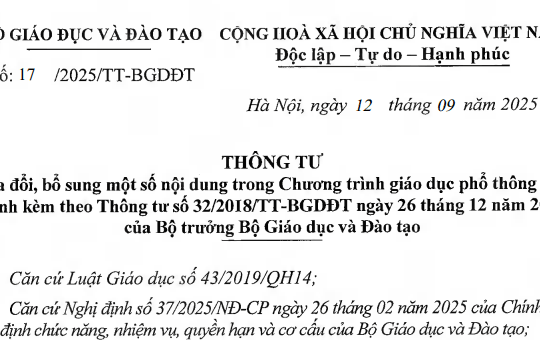 Đã có Thông tư 17/2025/TT-BGDĐT sửa đổi Chương trình giáo dục phổ thông năm 2018 ban hành kèm Thông tư 32/2018