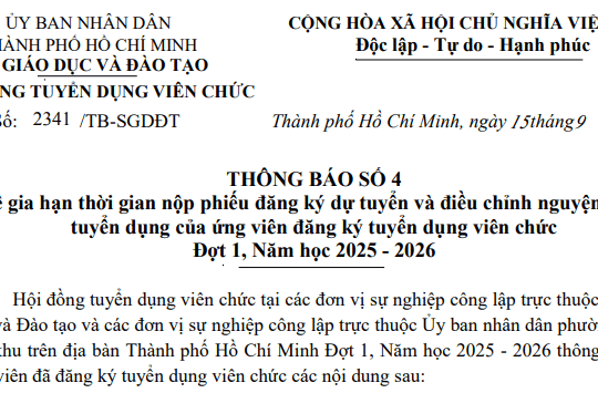 Thông báo 2341/TB-SGDĐT chính thức gia hạn thời gian đăng ký dự tuyển viên chức đợt 1 năm học 2025 - 2026