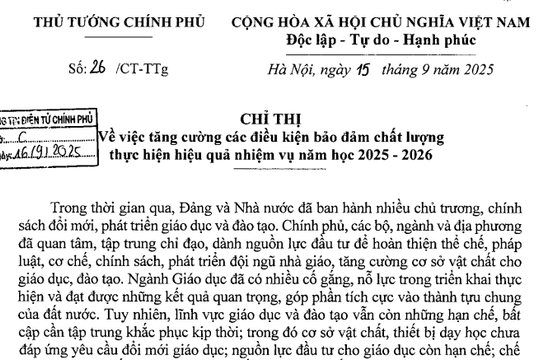 Đã có Chỉ thị 26/CT-TTg bảo đảm chất lượng thực hiện nhiệm vụ năm học 2025-2026