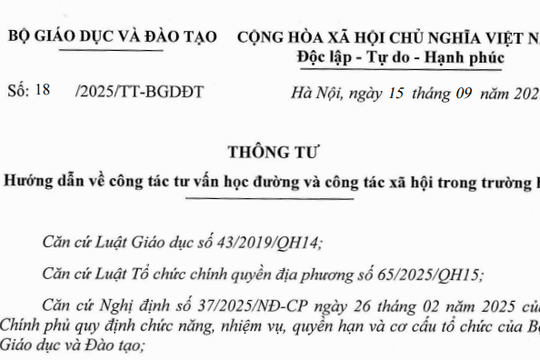 Đã có Thông tư 18/2025/TT-BGDĐT về công tác tư vấn học đường và công tác xã hội trong trường học