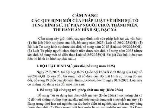 Cẩm nang quy định mới của pháp luật về hình sự, tố tụng hình sự, tư pháp người chưa thành niên, thi hành án hình sự và đặc xá