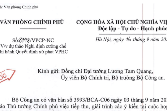 Công văn 8748: Chỉ đạo hỏa tốc về dự thảo Nghị định cưỡng chế thi hành Quyết định xử phạt VPHC