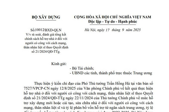 Công văn 10012: Rà soát, đánh giá chính sách hỗ trợ nhà ở với người có công theo Quyết định 21/2024/QĐ-TTg