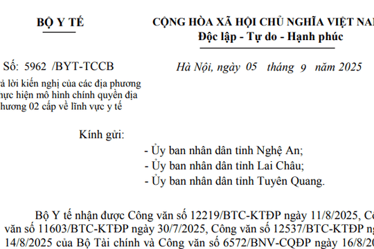 Toàn văn Công văn 5962/BYT-TCCB về mô hình chính quyền địa phương 02 cấp trong lĩnh vực y tế
