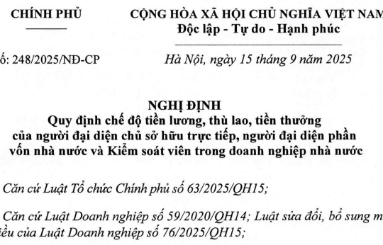 Đã có Nghị định 248/2025/NĐ-CP về chế độ tiền lương tiền thưởng của người đại diện trong doanh nghiệp nhà nước