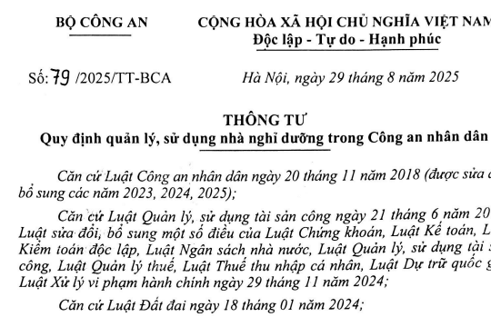 Đã có Thông tư 79/2025/TT-BCA về quản lý sử dụng nhà nghỉ dưỡng trong Công an nhân dân