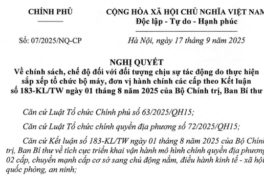Đã có Nghị quyết 07/2025/NQ-CP về chính sách với cán bộ công chức chịu tác động do sắp xếp theo Kết luận 183