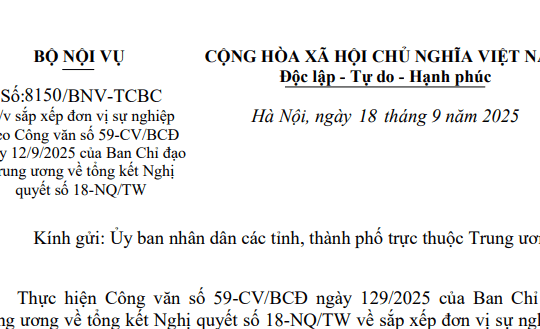 Toàn văn Công văn 8150/BNV-TCBC về sắp xếp đơn vị sự nghiệp theo Công văn 59-CV/BCĐ