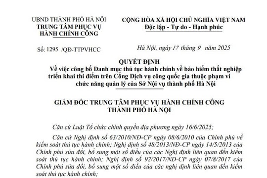 Quyết định 1295: Danh mục thủ tục về bảo hiểm thất nghiệp thí điểm trên Cổng DVCQG tại Hà Nội