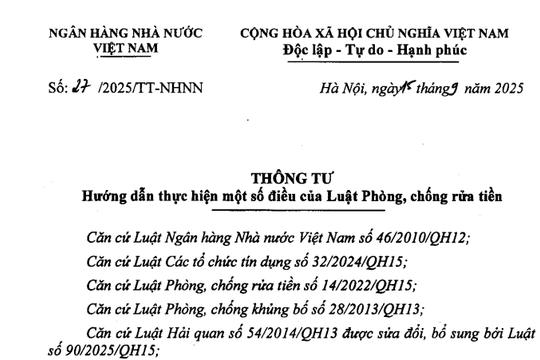 Đã có Thông tư 27/2025/TT-NHNN hướng dẫn Luật Phòng chống rửa tiền