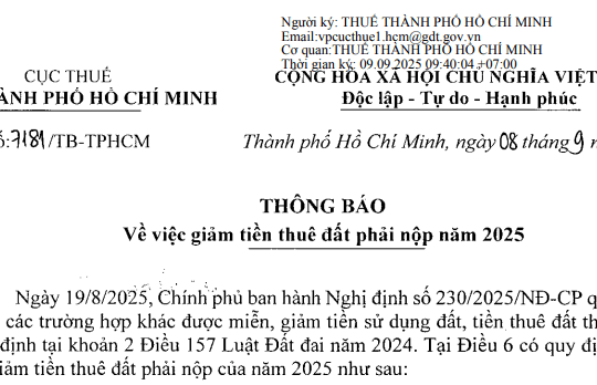 Thông báo 7181 về việc giảm tiền thuê đất phải nộp năm 2025 tại TPHCM